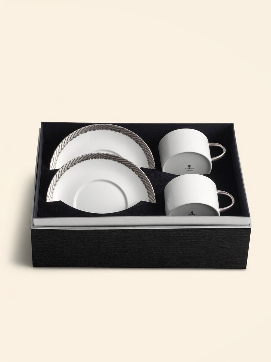 Corde — Tea Cups & Saucers, Platinum, Set of 2