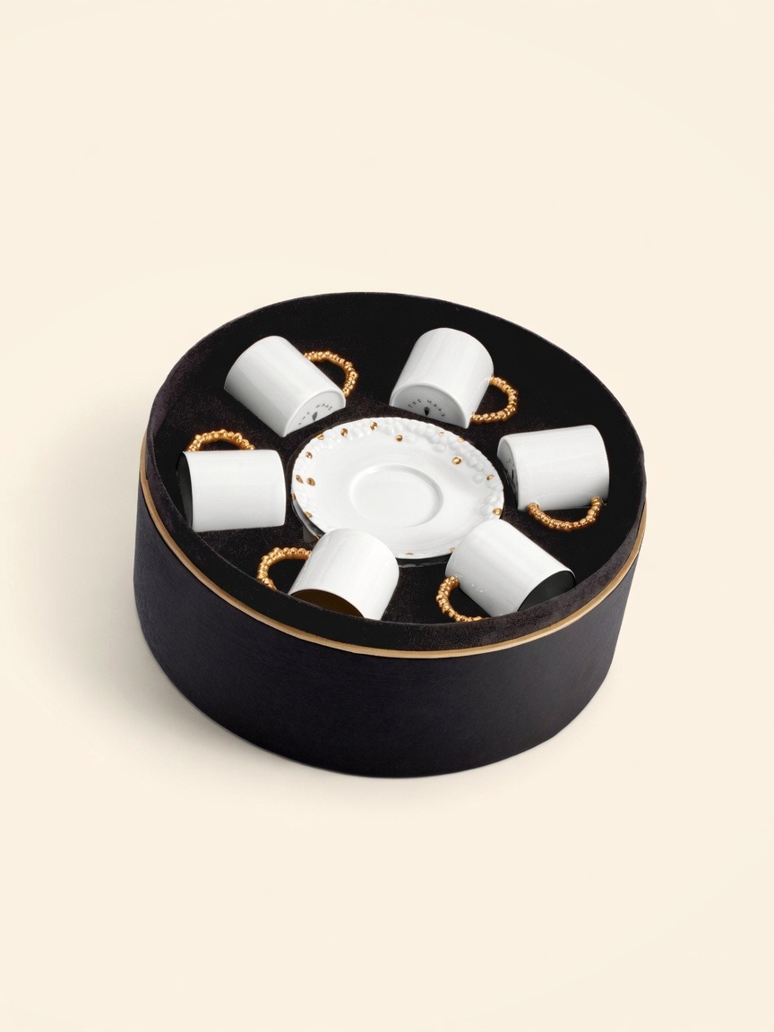 Haas Mojave — Espresso Cups & Saucers, White & Gold, Set of 6