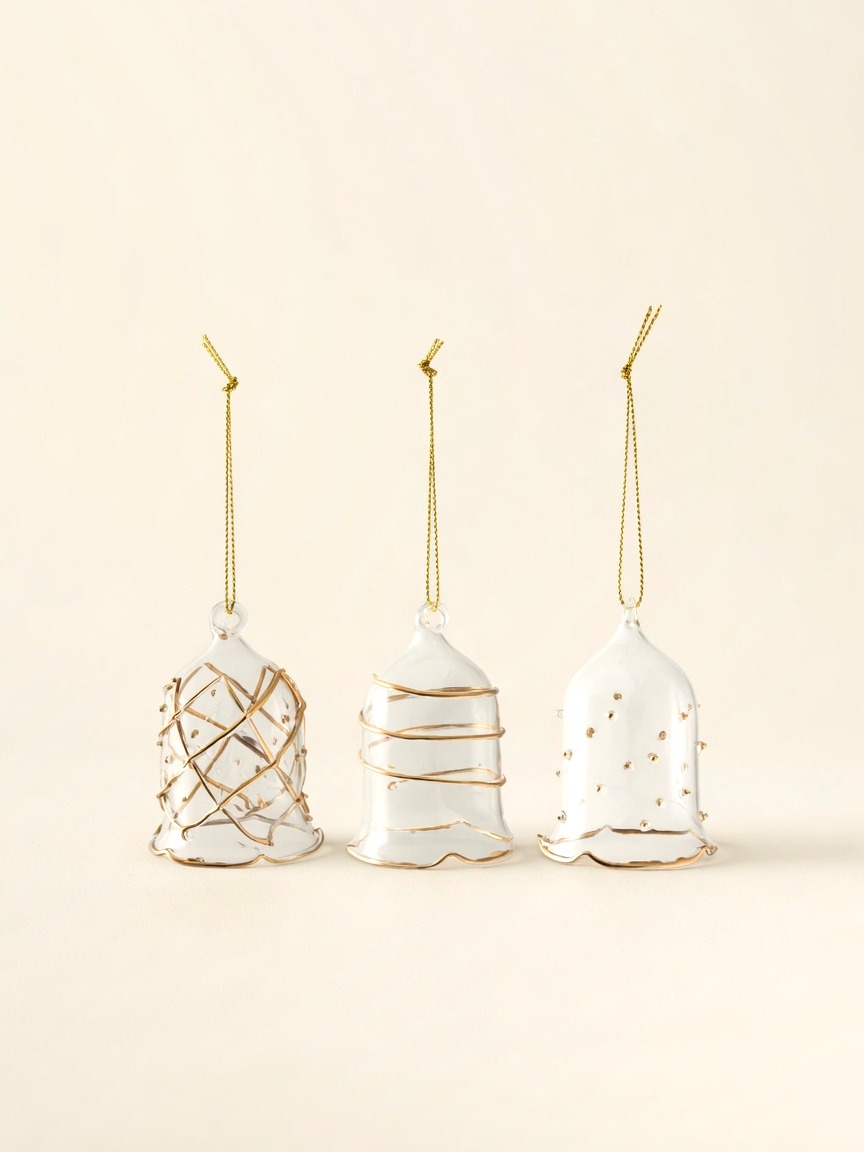 Winter Collage — Glass Bells, Gold, Set of 3